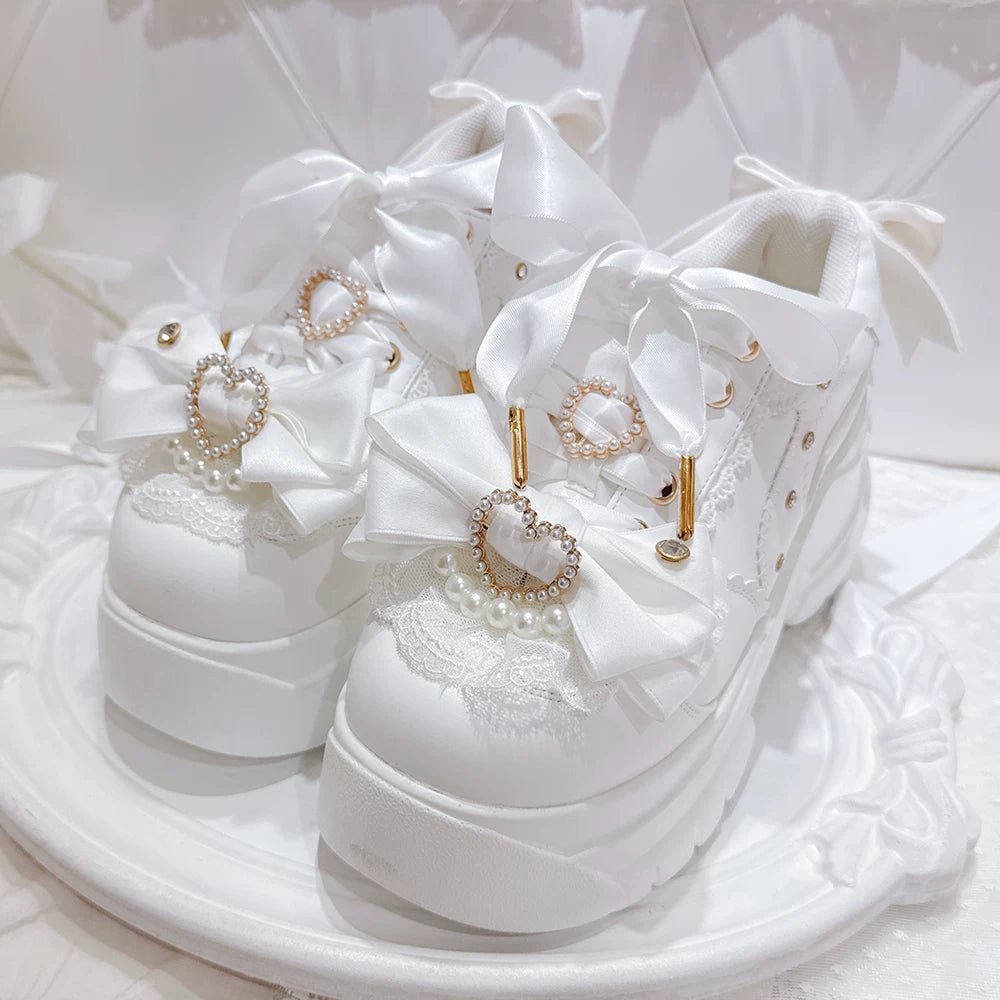 Showa Bubble Pearl Heart Bow Platform Shoes - LolitaEra