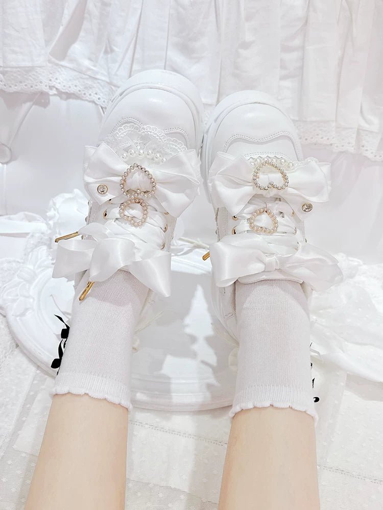 Showa Bubble Pearl Heart Bow Platform Shoes - LolitaEra