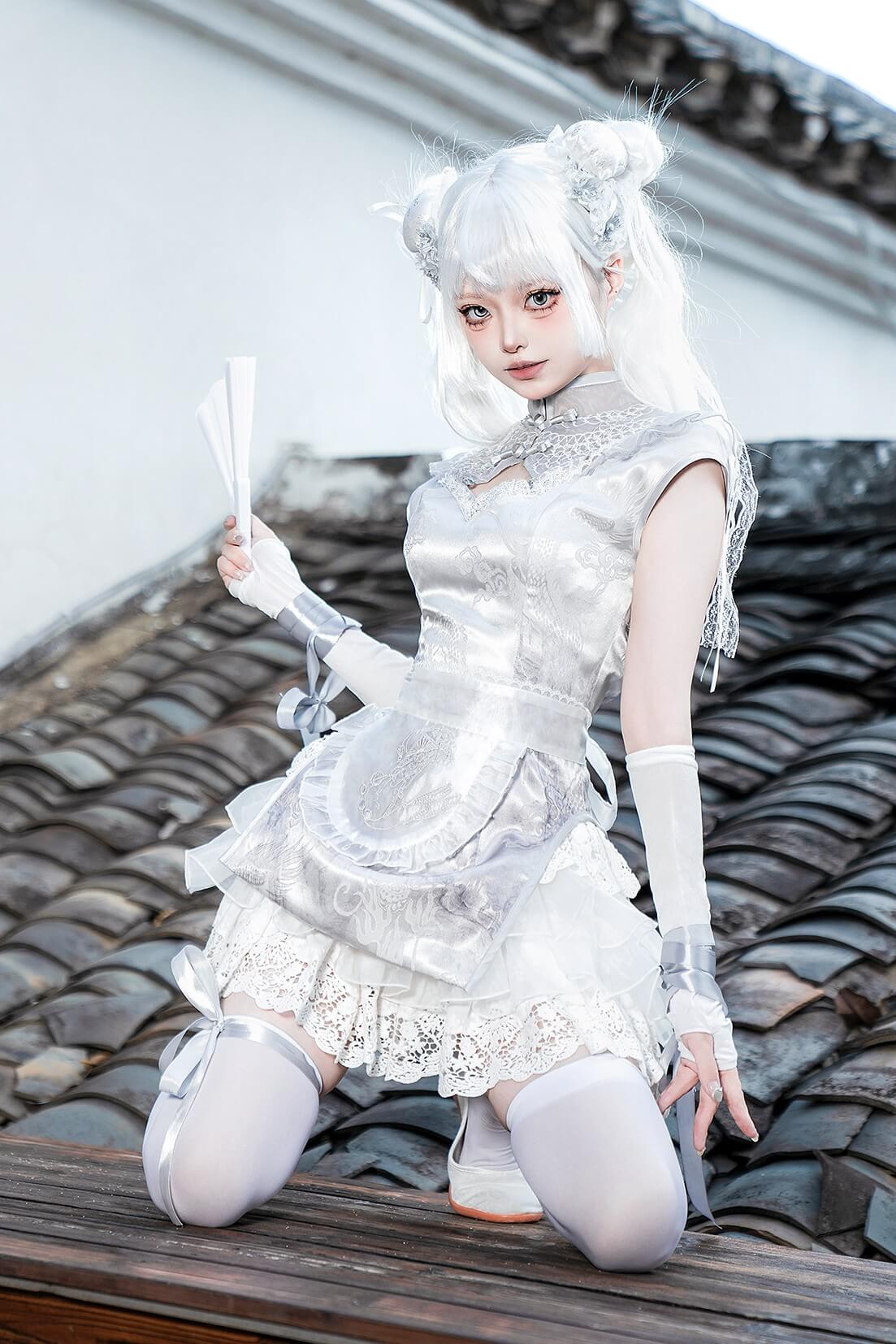 Silver Moon Girl Maid Apron Dress Set - LolitaEraSetSSilver Moon Girl Maid Apron Dress Set