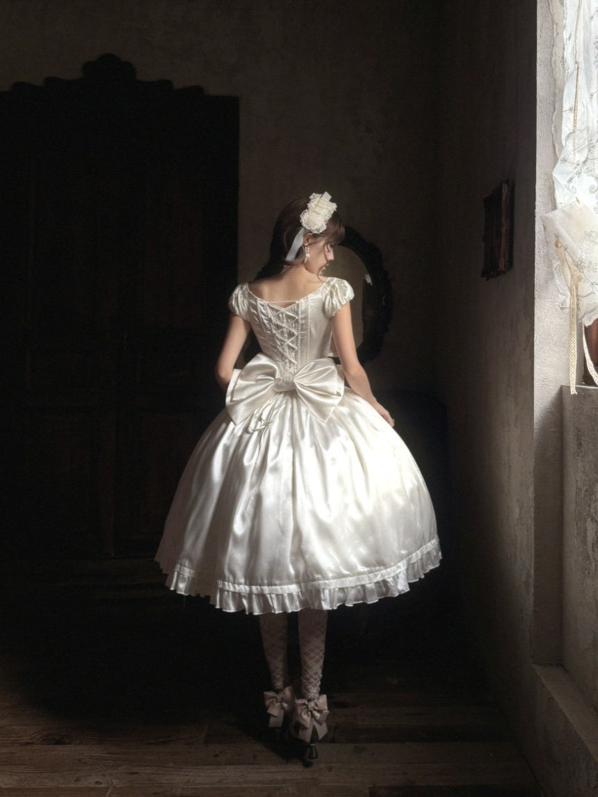 Silver Satin Box Bow Sash Puff Sleeve Classic Lolita OP Dress - LolitaEra