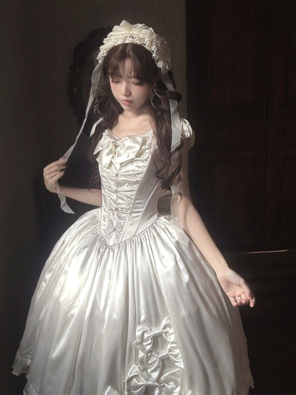 Silver Satin Box Bow Sash Puff Sleeve Classic Lolita OP Dress - LolitaEra