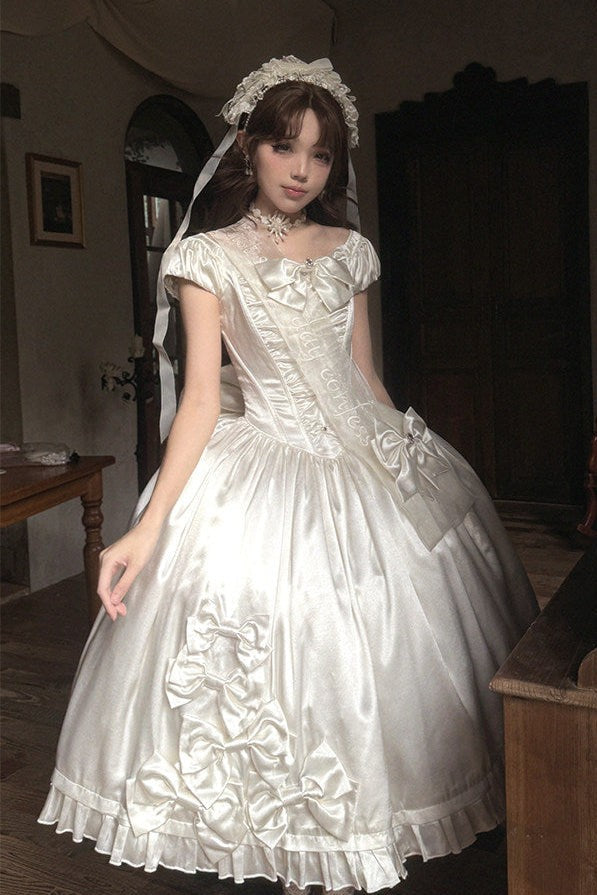 Silver Satin Box Bow Sash Puff Sleeve Classic Lolita OP Dress - LolitaEra
