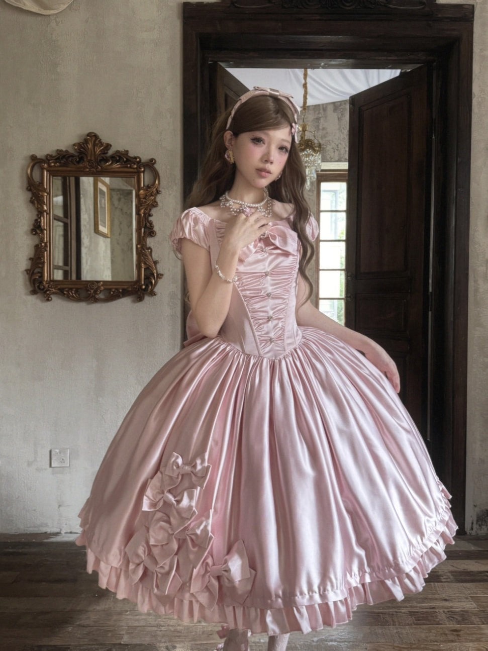 Silver Satin Box Bow Sash Puff Sleeve Classic Lolita OP Dress - LolitaEra