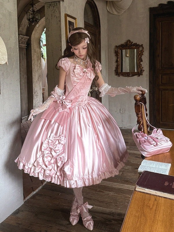 Silver Satin Box Bow Sash Puff Sleeve Classic Lolita OP Dress - LolitaEra