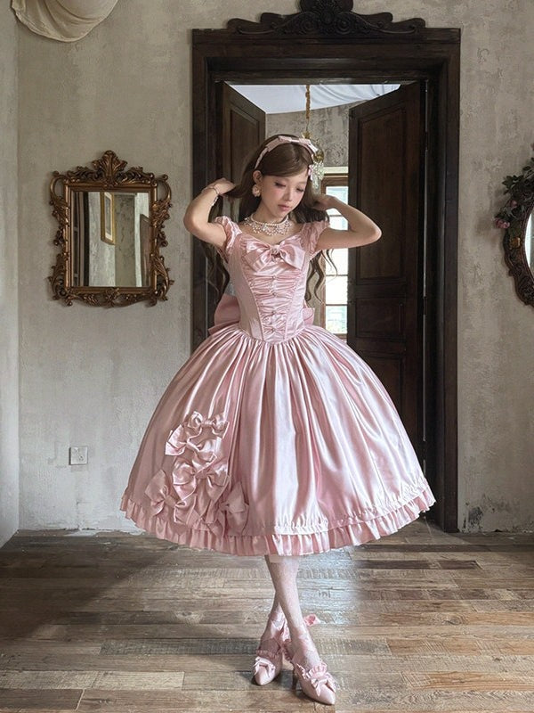 Silver Satin Box Bow Sash Puff Sleeve Classic Lolita OP Dress - LolitaEra