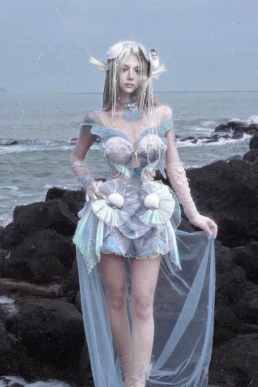 Siren's Call Sequin Boned Corset Dress LE1206 - LolitaEraBlueSSiren's Call Sequin Boned Corset Dress LE1206