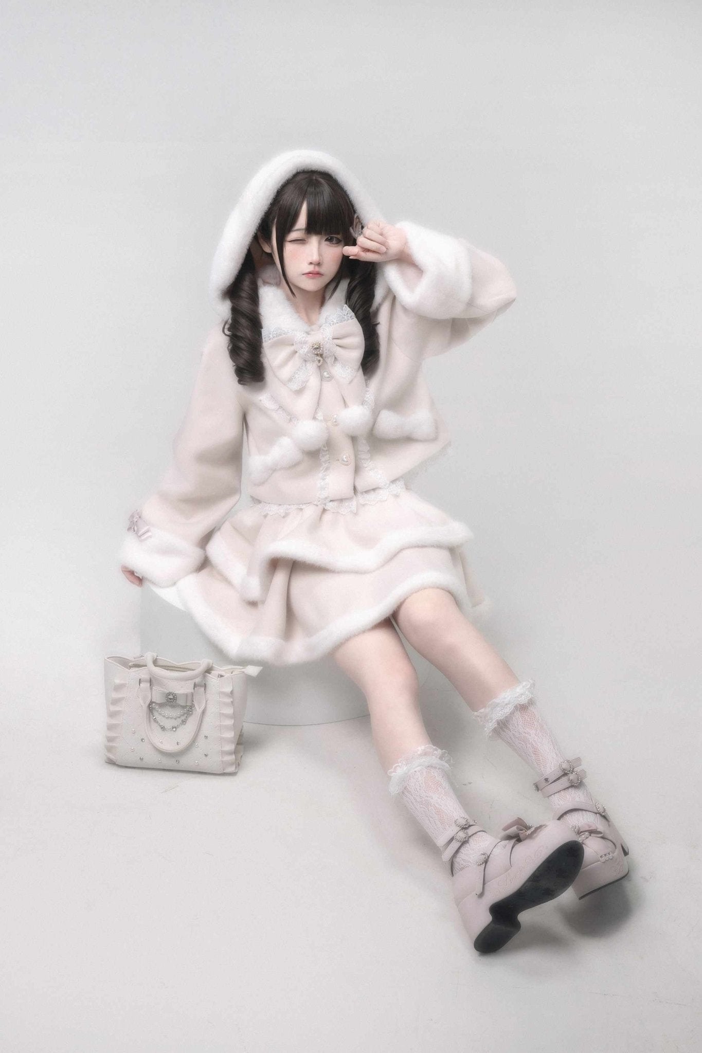 Snow Love Heart Pink Rabbit Ear Coat - LolitaEraPink TopSSnow Love Heart Pink Rabbit Ear Coat