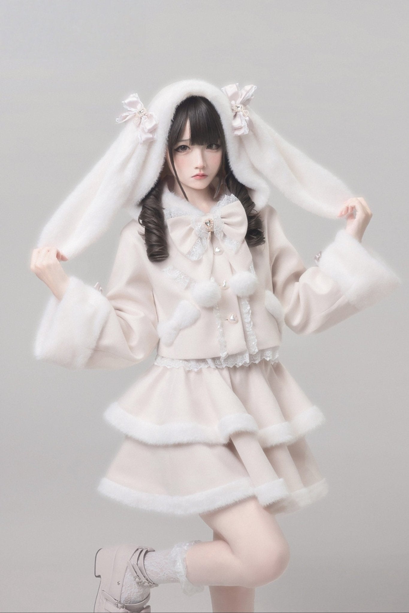 Snow Love Heart Pink Rabbit Ear Coat - LolitaEraPink TopSSnow Love Heart Pink Rabbit Ear Coat