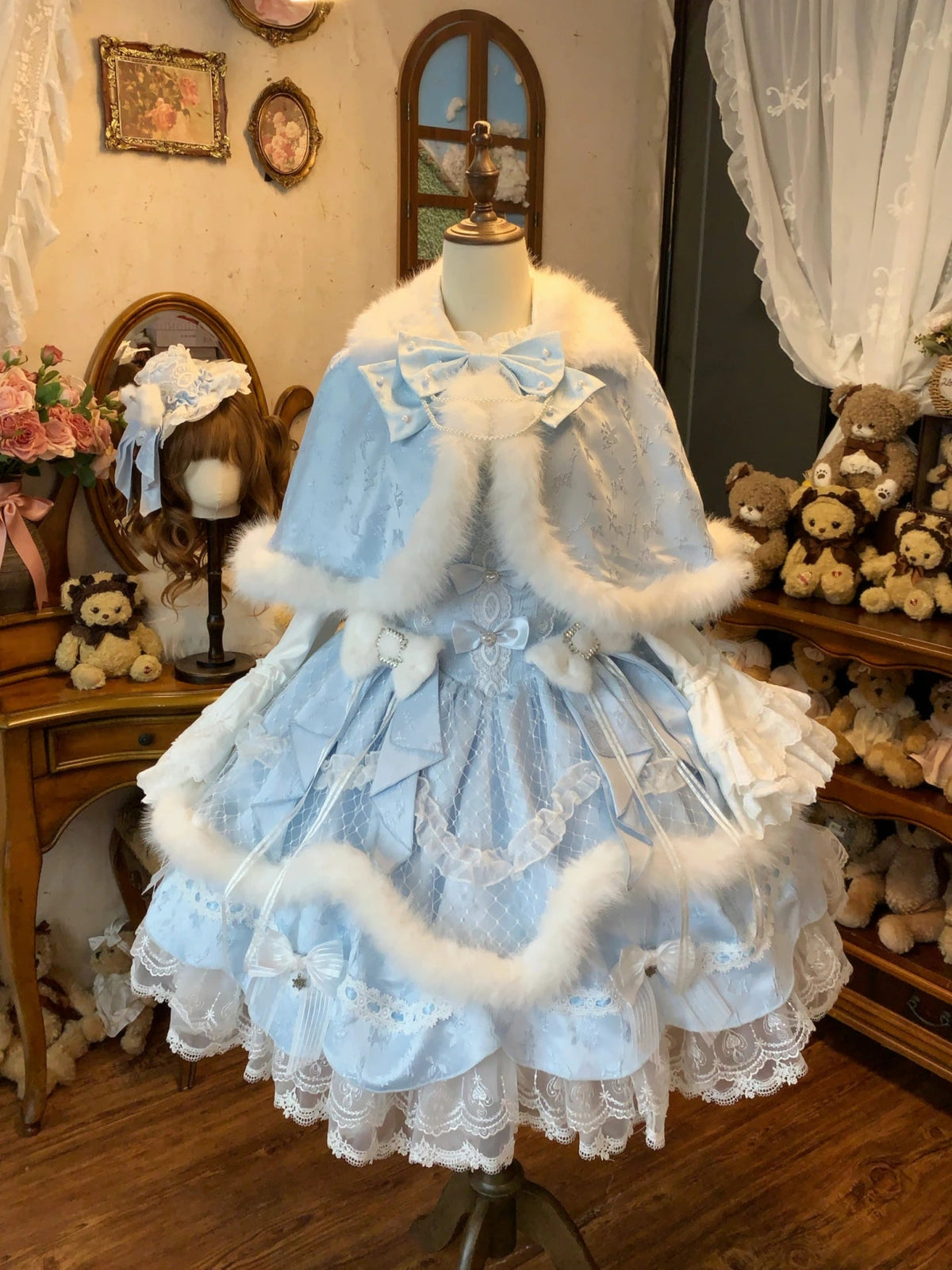 Snowfall Letter Lolita Autumn Winter Plush Blue JSK Dress Set - LolitaEra