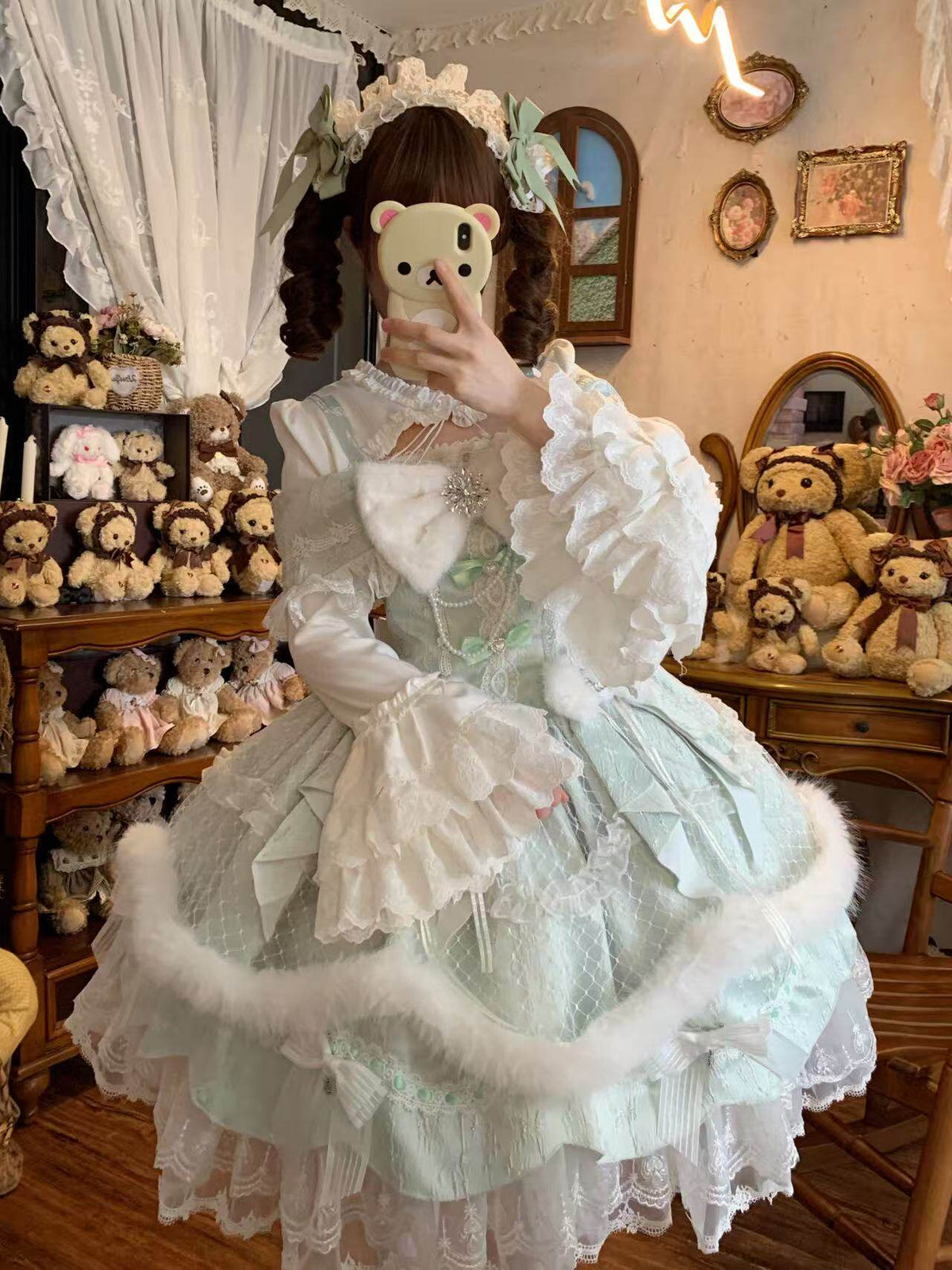 Snowfall Letter Lolita Autumn Winter Plush Mint Green JSK Dress Set - LolitaEra