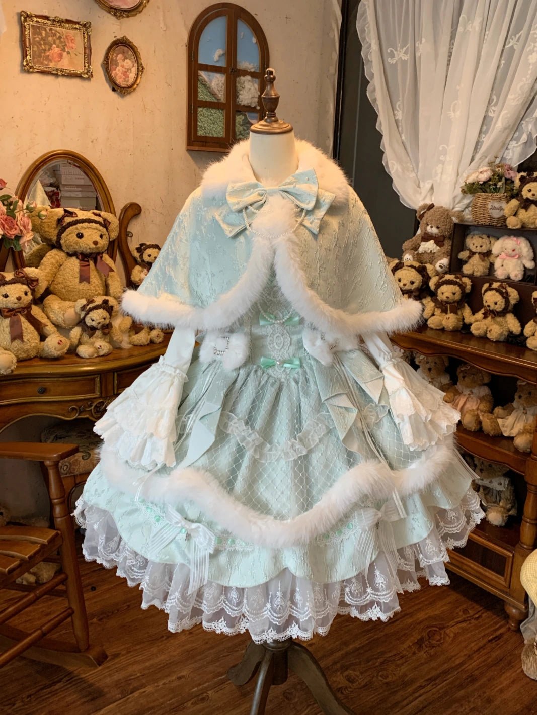 Snowfall Letter Lolita Autumn Winter Plush Mint Green JSK Dress Set - LolitaEra