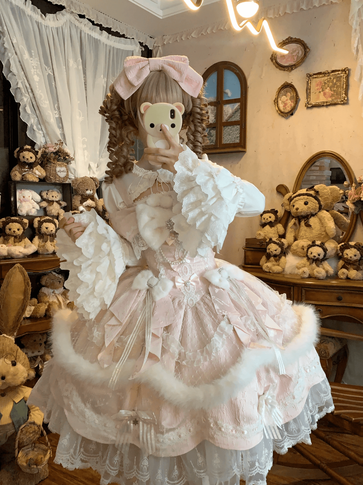 Snowfall Letter Lolita Autumn Winter Plush Pink JSK Dress Set - LolitaEra