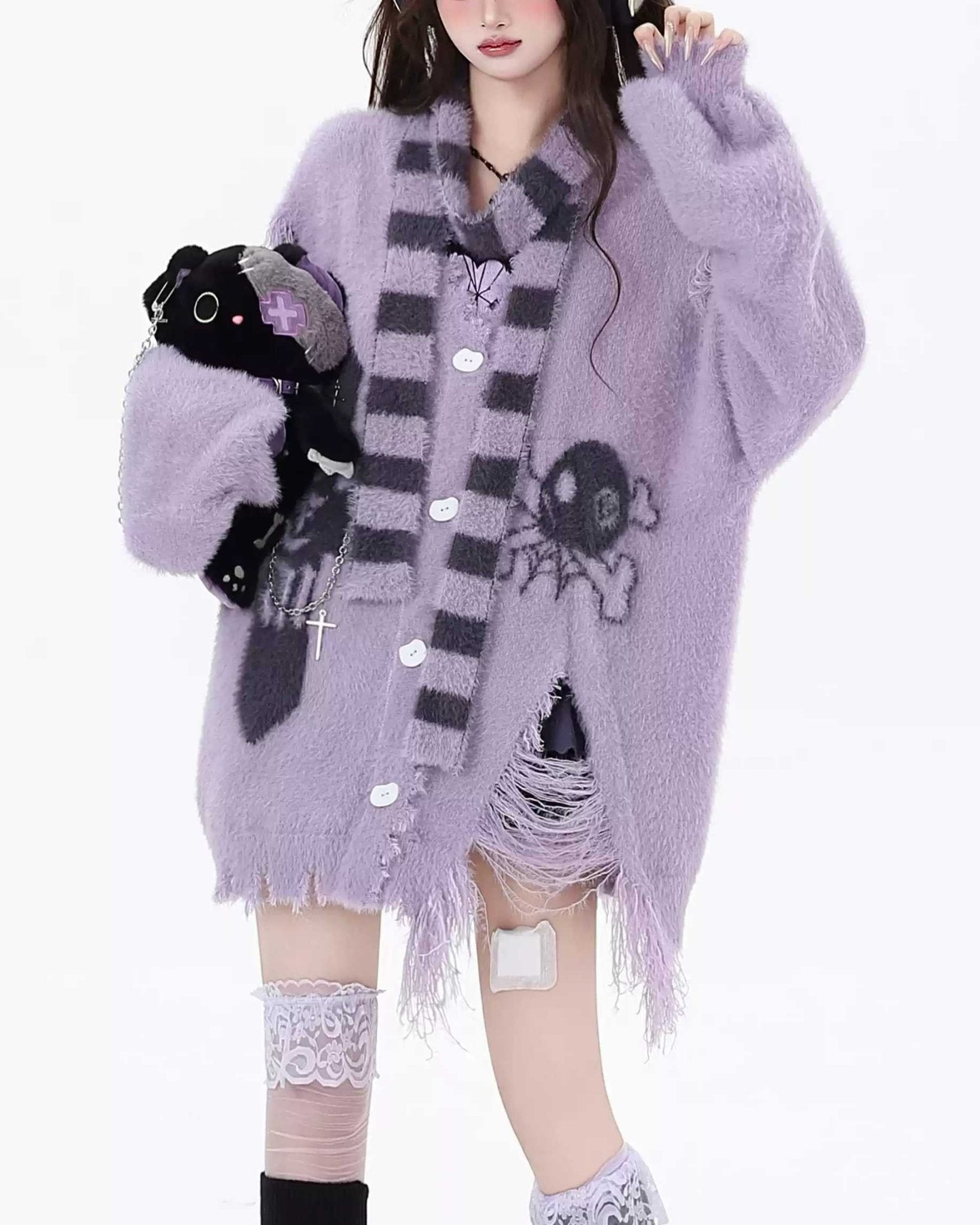 Soft Alternative Y2K Faux Fur Knit Cardigan Sweater - LolitaEraPurpleSSoft Alternative Y2K Faux Fur Knit Cardigan Sweater