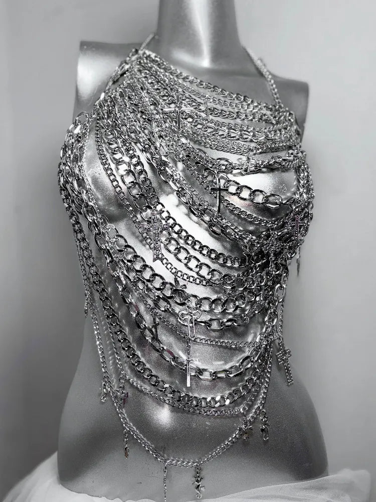 Queen of Tears*TDH Original Wilderness Sparkling Silver Cross Body Chain Hot Girl Hanging Neck Suspender Short Top