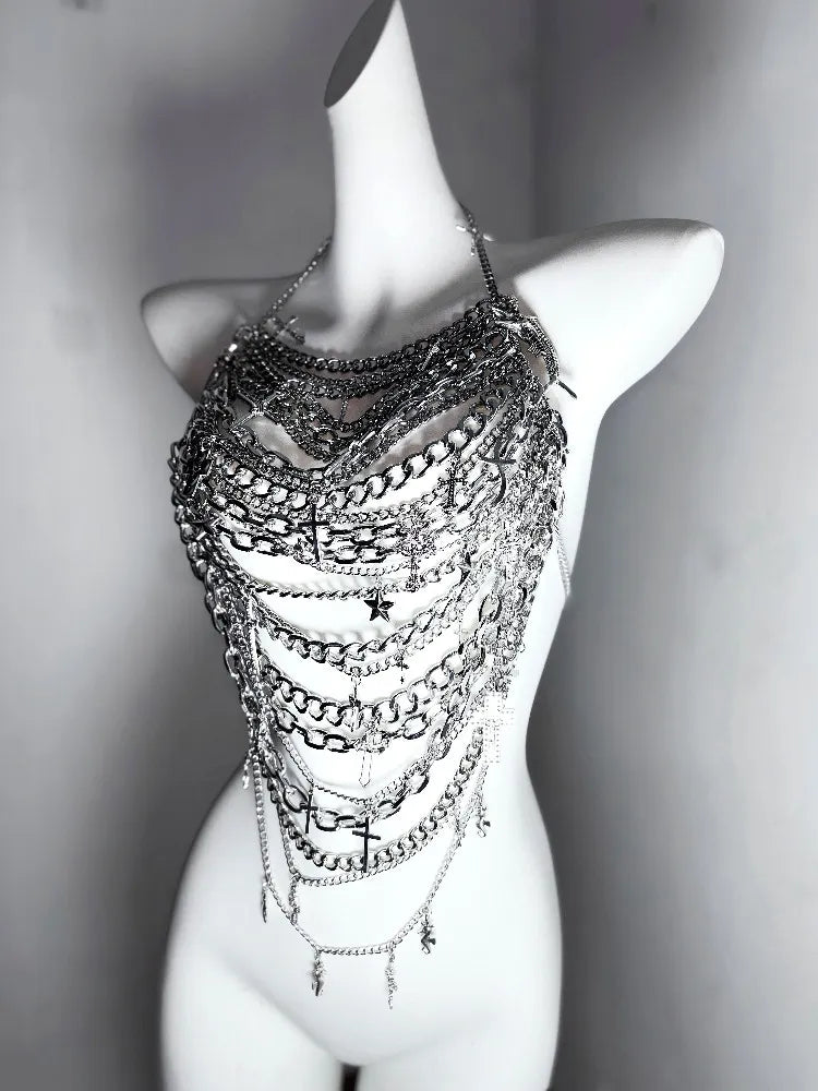 Queen of Tears*TDH Original Wilderness Sparkling Silver Cross Body Chain Hot Girl Hanging Neck Suspender Short Top