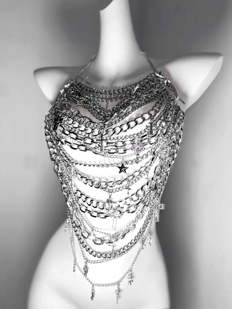 Queen of Tears*TDH Original Wilderness Sparkling Silver Cross Body Chain Hot Girl Hanging Neck Suspender Short Top