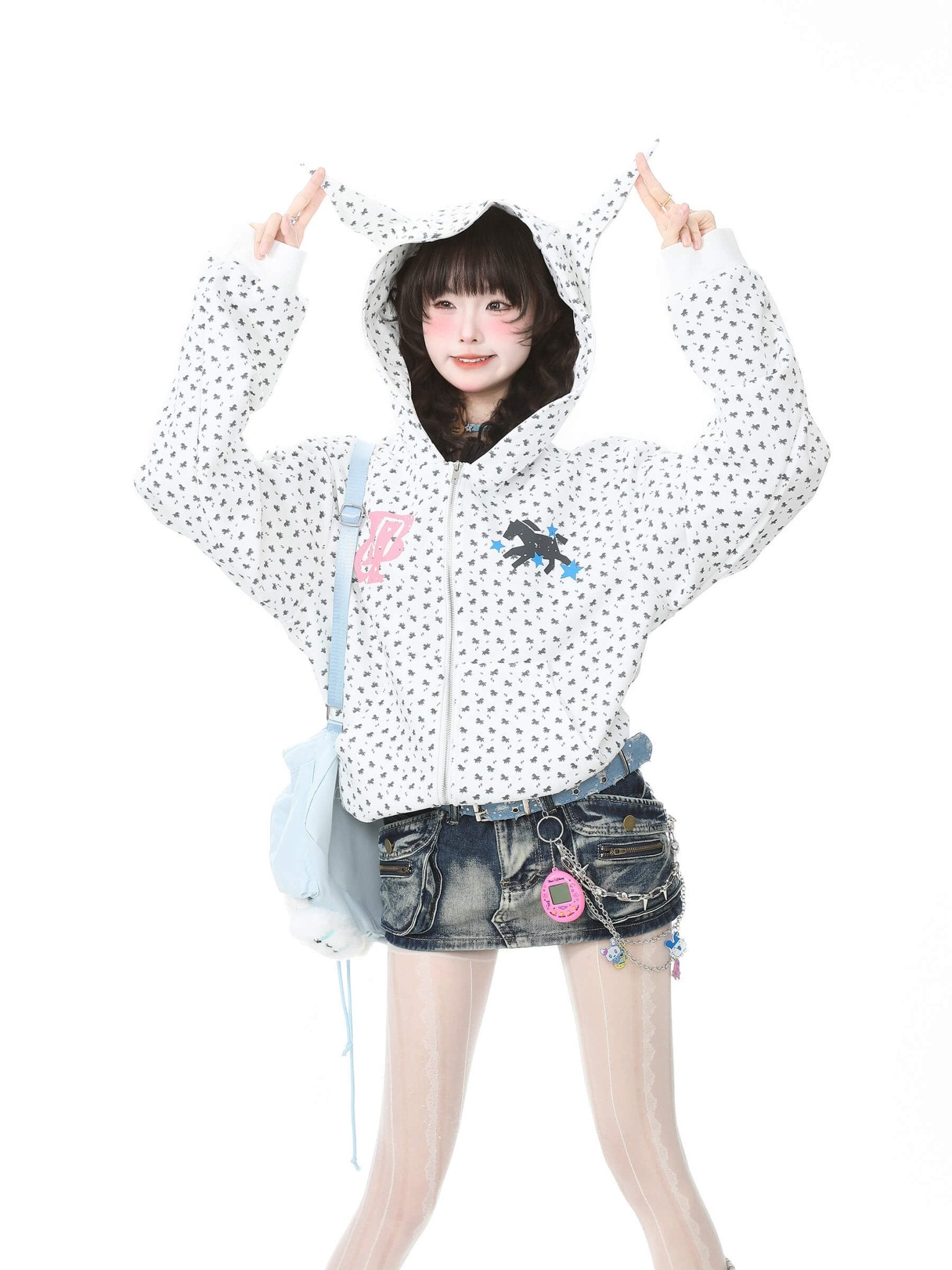 Star Print Hooded Sweatshirt Short Top - LolitaEraBlueSStar Print Hooded Sweatshirt Short Top