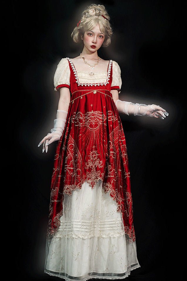 Stellar Map Empire Waist OP Vintage Wine Red Lolita - LolitaEraOP Dress (Gold Embroidery)RedSStellar Map Empire Waist OP Vintage Wine Red Lolita