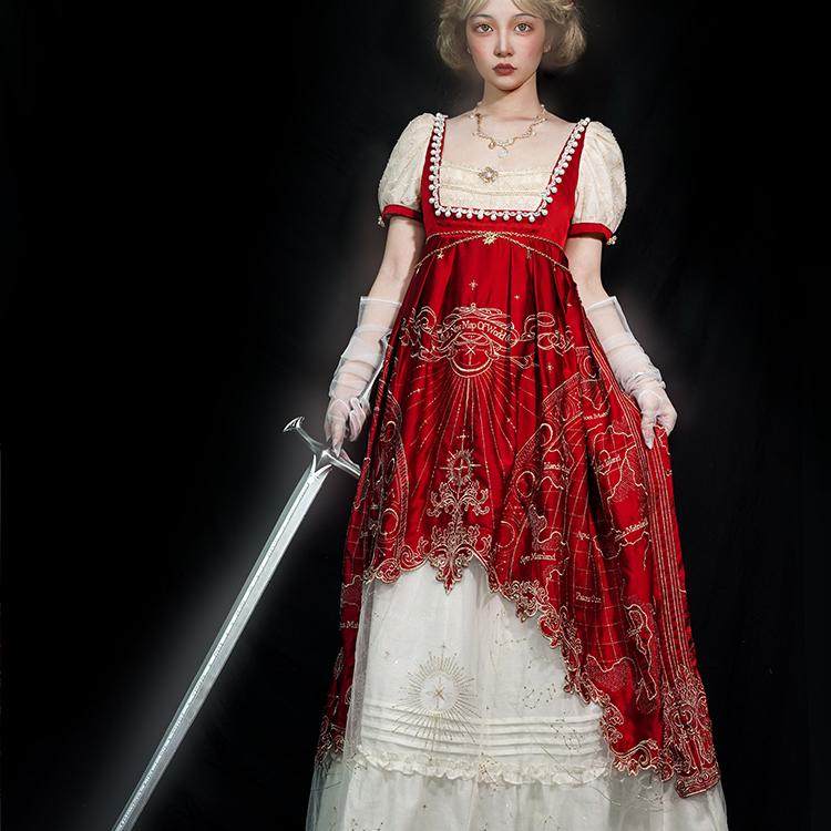 Stellar Map Empire Waist OP Vintage Wine Red Lolita - LolitaEraOP Dress (Gold Embroidery)RedSStellar Map Empire Waist OP Vintage Wine Red Lolita