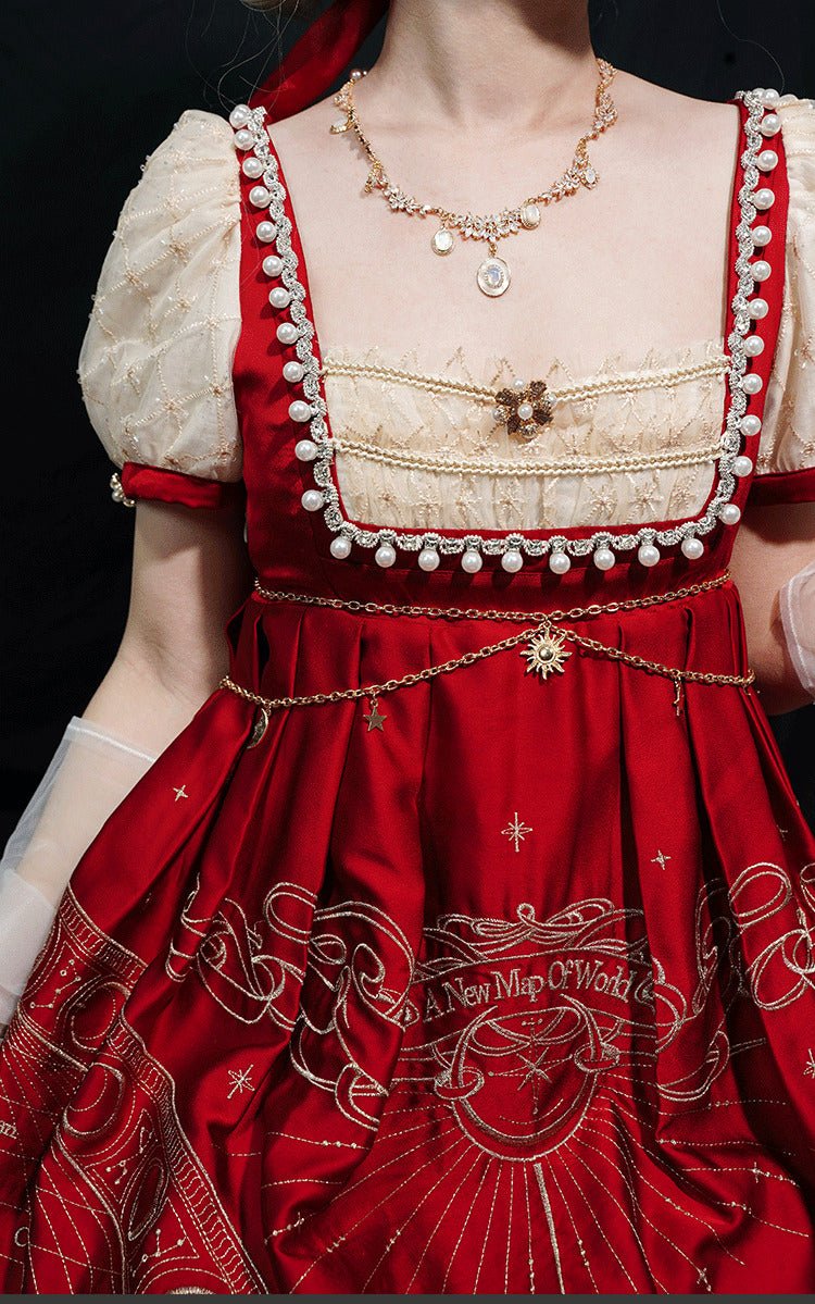 Stellar Map Empire Waist OP Vintage Wine Red Lolita - LolitaEraOP Dress (Gold Embroidery)RedSStellar Map Empire Waist OP Vintage Wine Red Lolita