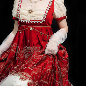 Stellar Map Empire Waist OP Vintage Wine Red Lolita - LolitaEraOP Dress (Gold Embroidery)RedSStellar Map Empire Waist OP Vintage Wine Red Lolita