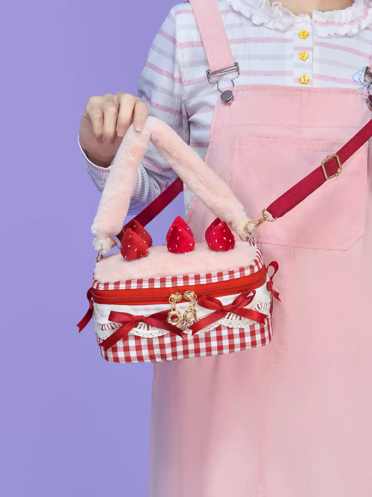 Strawberry Cake Gingham Sweet Lolita Crossbody Bag - LolitaEra