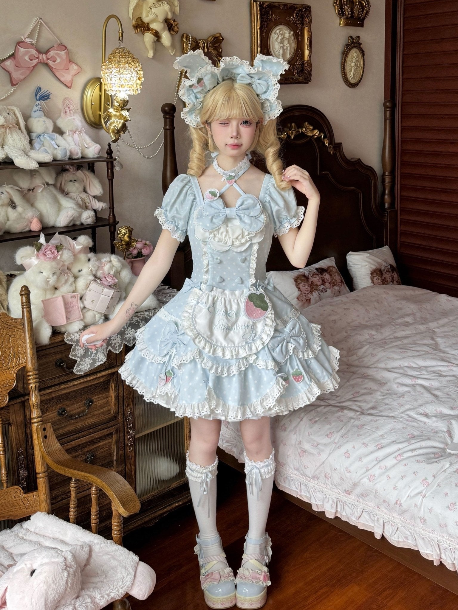 Strawberry Dot Kawaii Lolita Dress - LolitaEraBlue+HairbandXSStrawberry Dot Kawaii Lolita Dress