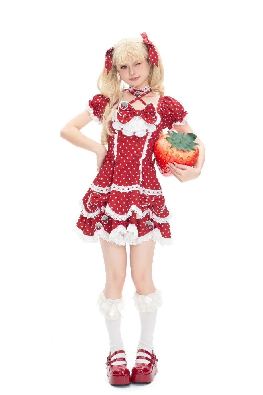Strawberry Dot Kawaii Lolita Dress - LolitaEraRed+HairbandXSStrawberry Dot Kawaii Lolita Dress