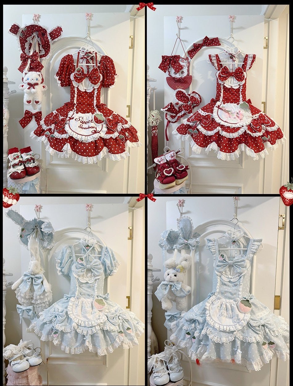 Strawberry Dot Kawaii Lolita Dress - LolitaEraBlue+HairbandXSStrawberry Dot Kawaii Lolita Dress