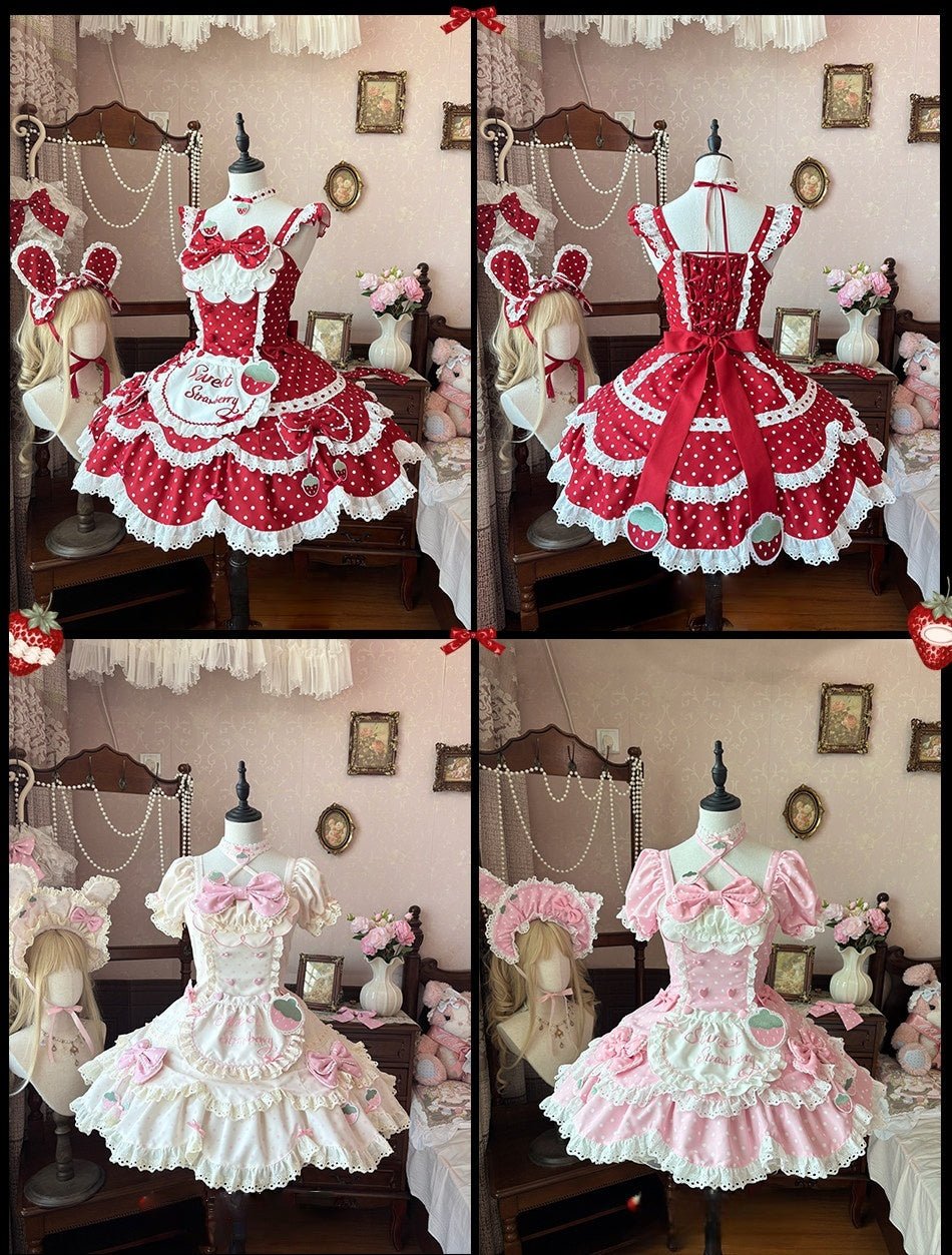Strawberry Dot Kawaii Lolita Dress - LolitaEraBlue+HairbandXSStrawberry Dot Kawaii Lolita Dress