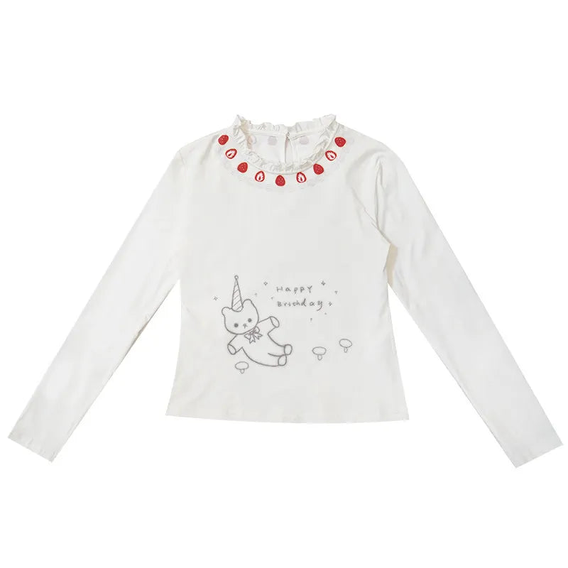 Daytoday daily research institute strawberry flavor printed lace collar long-sleeved bottoming shirt top