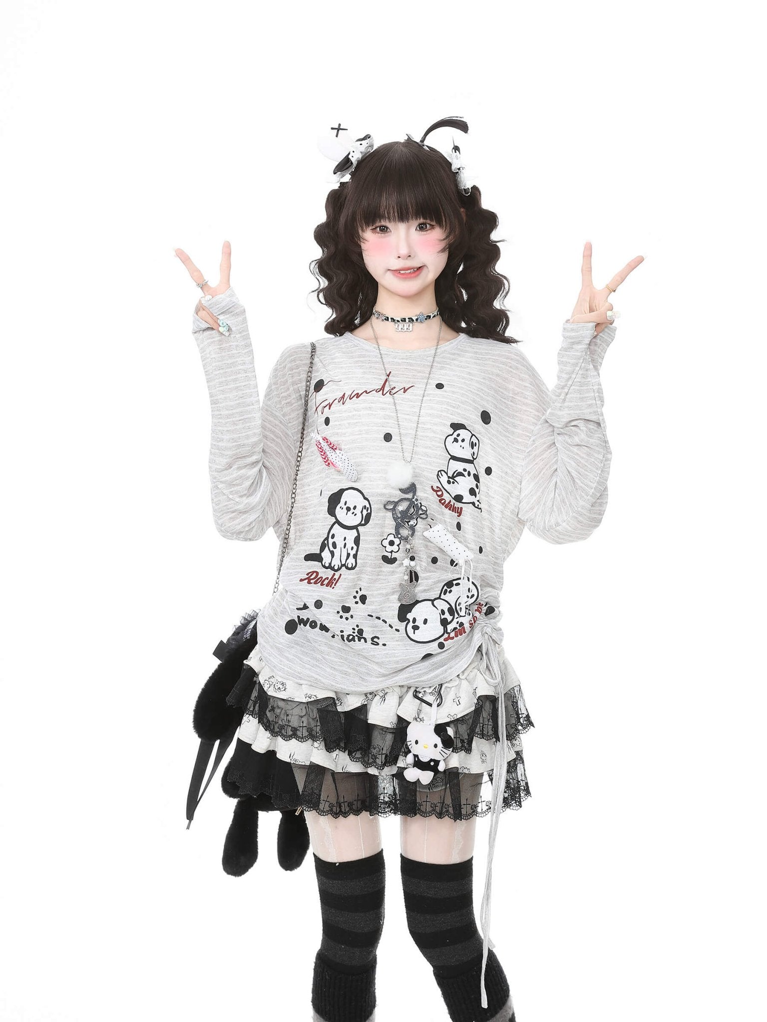 Stripe Puppy Print Ruched Long Sleeve Cover - Up Top - LolitaEraGray topSStripe Puppy Print Ruched Long Sleeve Cover - Up Top