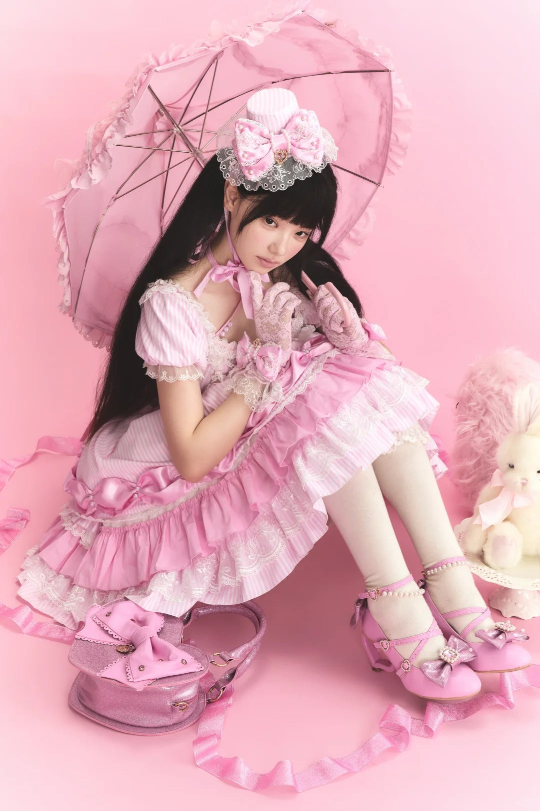 Striped Sweetheart Vintage Pearl Pink Lolita OP Dress Set - LolitaEra