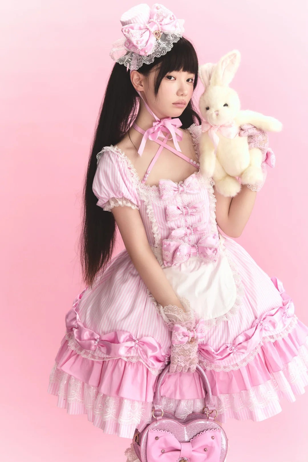 Striped Sweetheart Vintage Pearl Pink Lolita OP Dress Set - LolitaEra