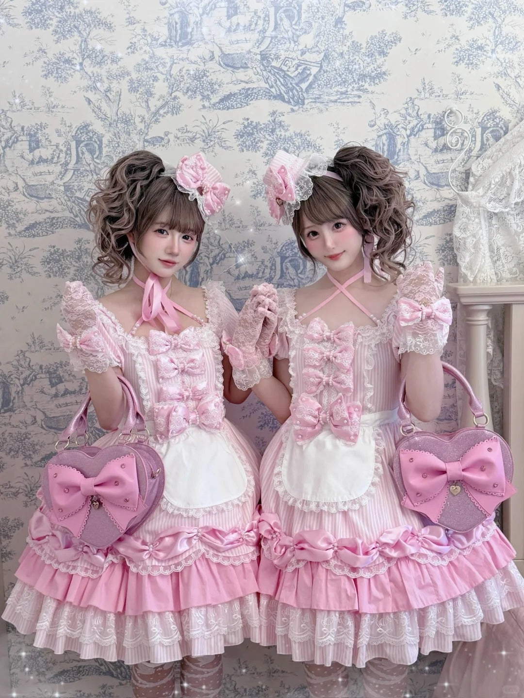 Striped Sweetheart Vintage Pearl Pink Lolita OP Dress Set - LolitaEra