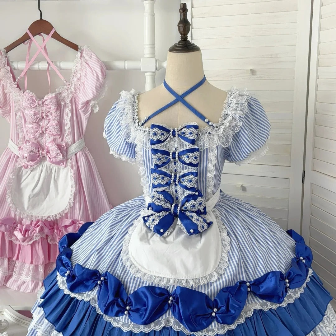 Striped Sweetheart Vintage Pearl Pink Lolita OP Dress Set - LolitaEra