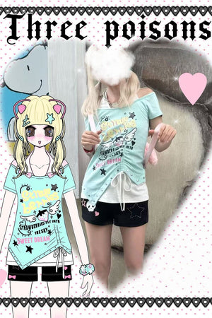 Subculture Kawaii Halter Blue Off - Shoulder Short - Sleeve T-Shirt - LolitaEraBlueSSubculture Kawaii Halter Blue Off - Shoulder Short - Sleeve T-Shirt