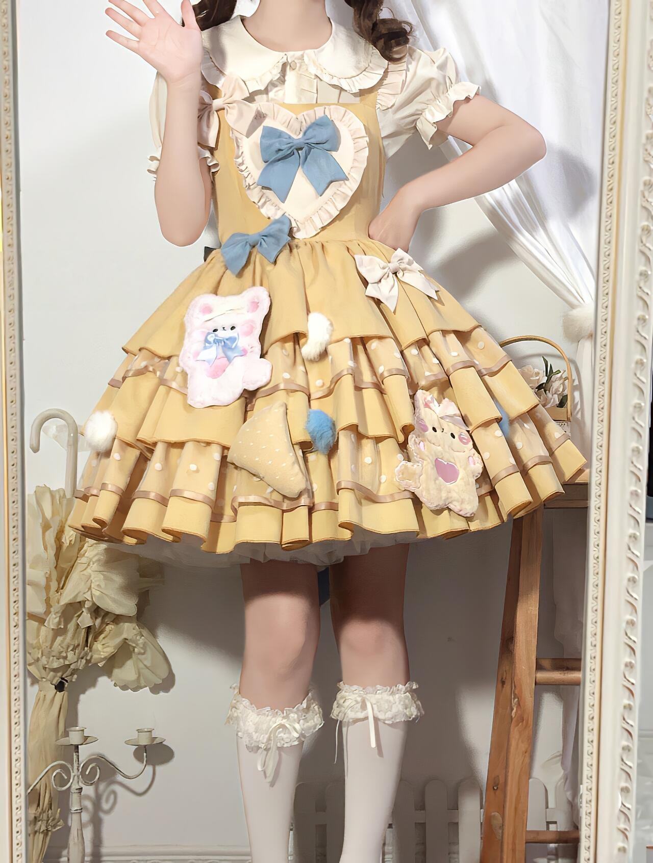 Sunny Bear Picnic Lolita Yellow JSK Dress - LolitaEraYellow JSKSSunny Bear Picnic Lolita Yellow JSK Dress
