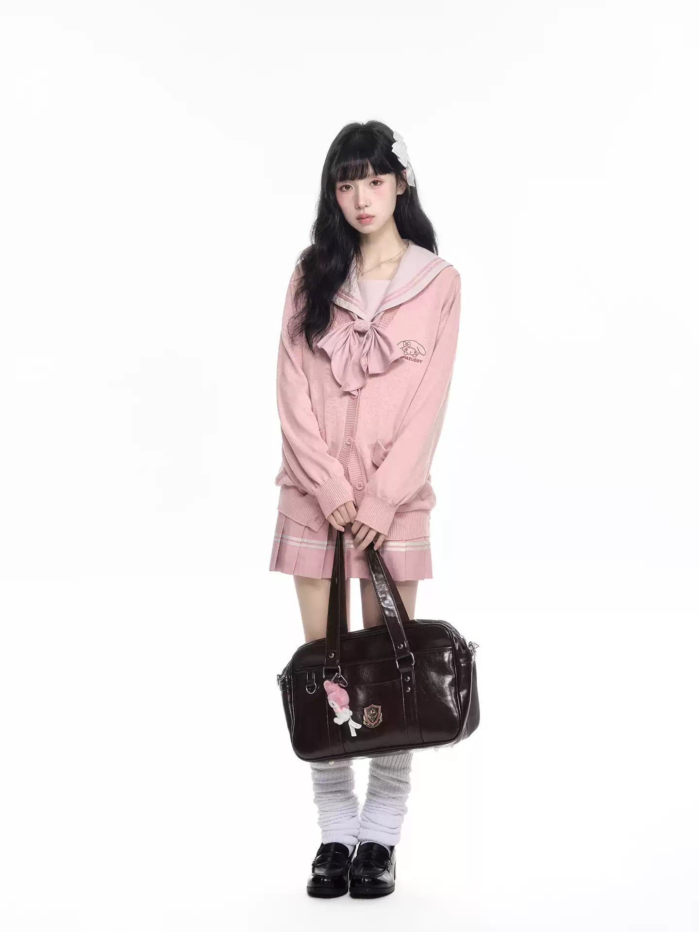 Sweet Korean Style Pink Knit Cardigan Sweater JK Uniform Set Women