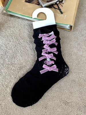 Sweet Retro Bow Accented Long Socks - LolitaEraPurpleSweet Retro Bow Accented Long Socks