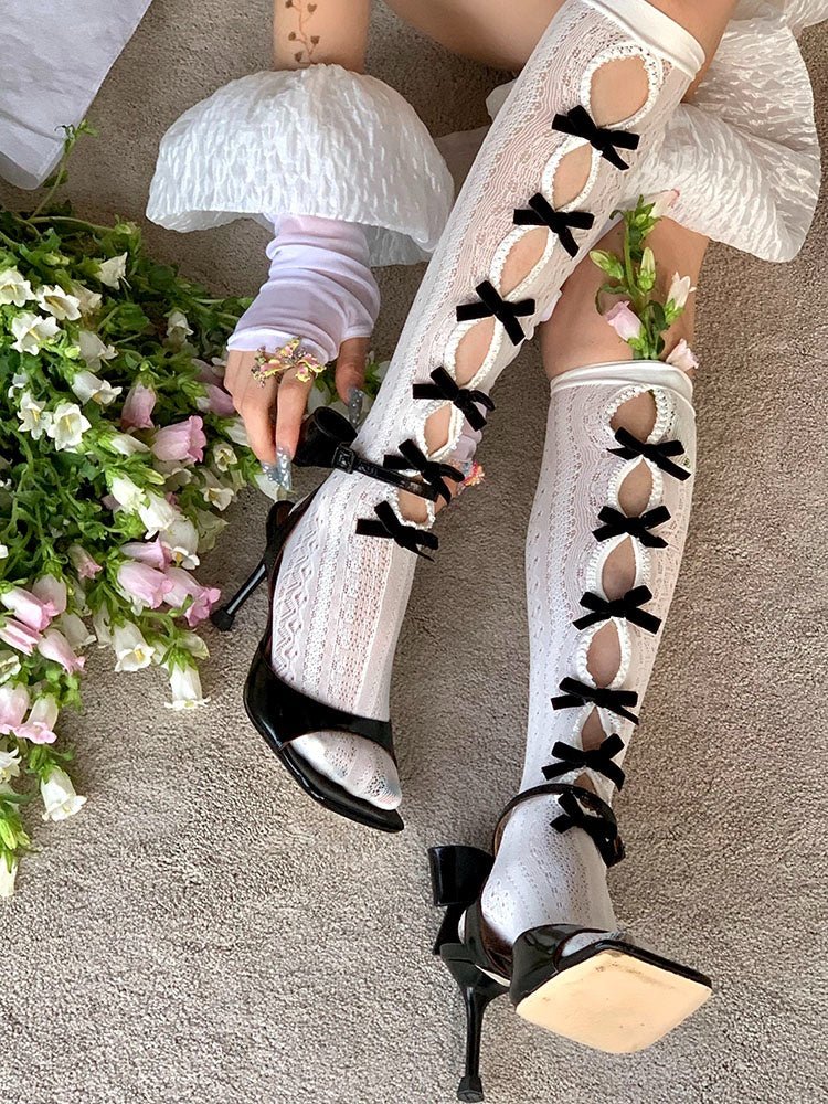 Sweet Retro Bow Accented Long Socks - LolitaEraWhiteSweet Retro Bow Accented Long Socks