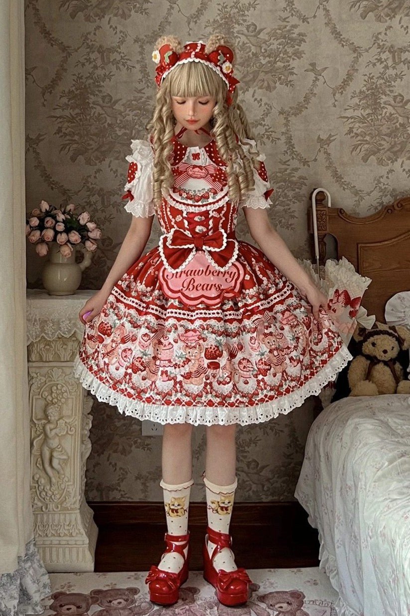 SweetLolita Strawberry Stripe Ribbon Dress 1224 - LolitaEraRed JSK+Hairband+Short - Sleeved InnerSSweetLolita Strawberry Stripe Ribbon Dress 1224