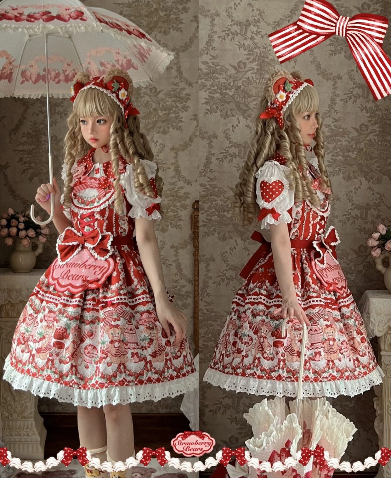 SweetLolita Strawberry Stripe Ribbon Dress 1224 - LolitaEraRed JSK+Hairband+Short - Sleeved InnerSSweetLolita Strawberry Stripe Ribbon Dress 1224