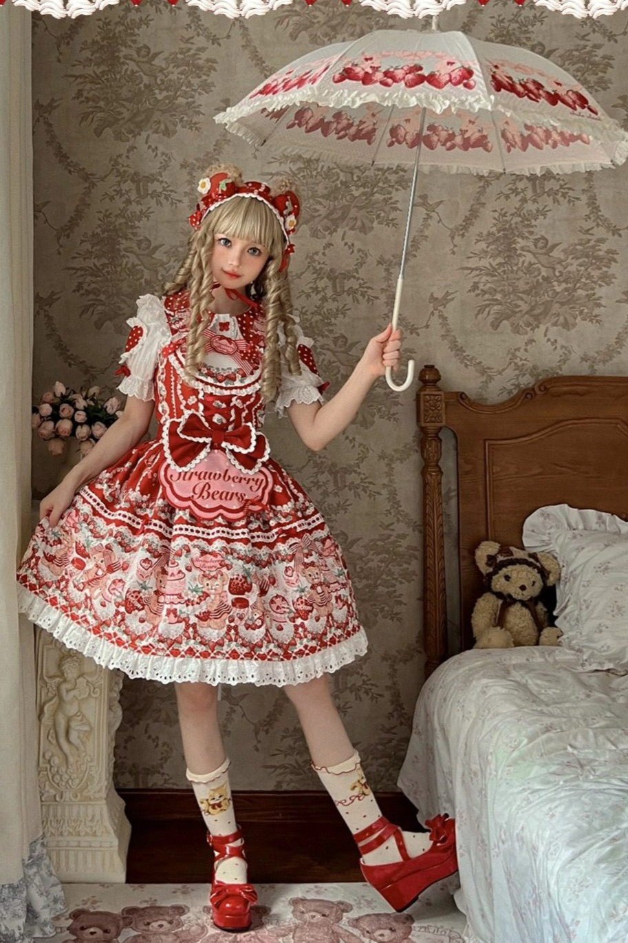 SweetLolita Strawberry Stripe Ribbon Dress 1224 - LolitaEraRed JSK+Hairband+Short - Sleeved InnerSSweetLolita Strawberry Stripe Ribbon Dress 1224