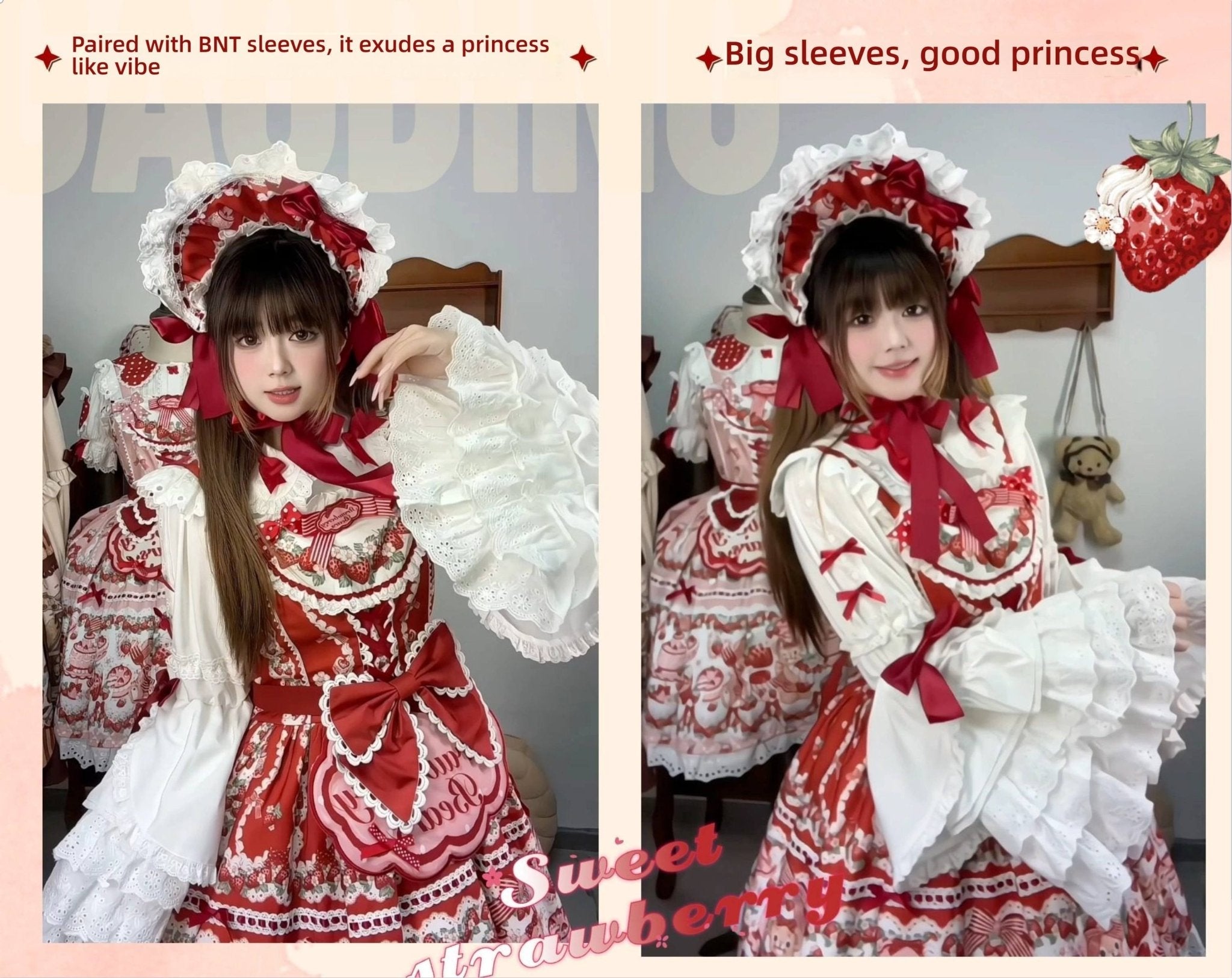 SweetLolita Strawberry Stripe Ribbon Dress 1224 - LolitaEraRed JSK+Hairband+Short - Sleeved InnerSSweetLolita Strawberry Stripe Ribbon Dress 1224