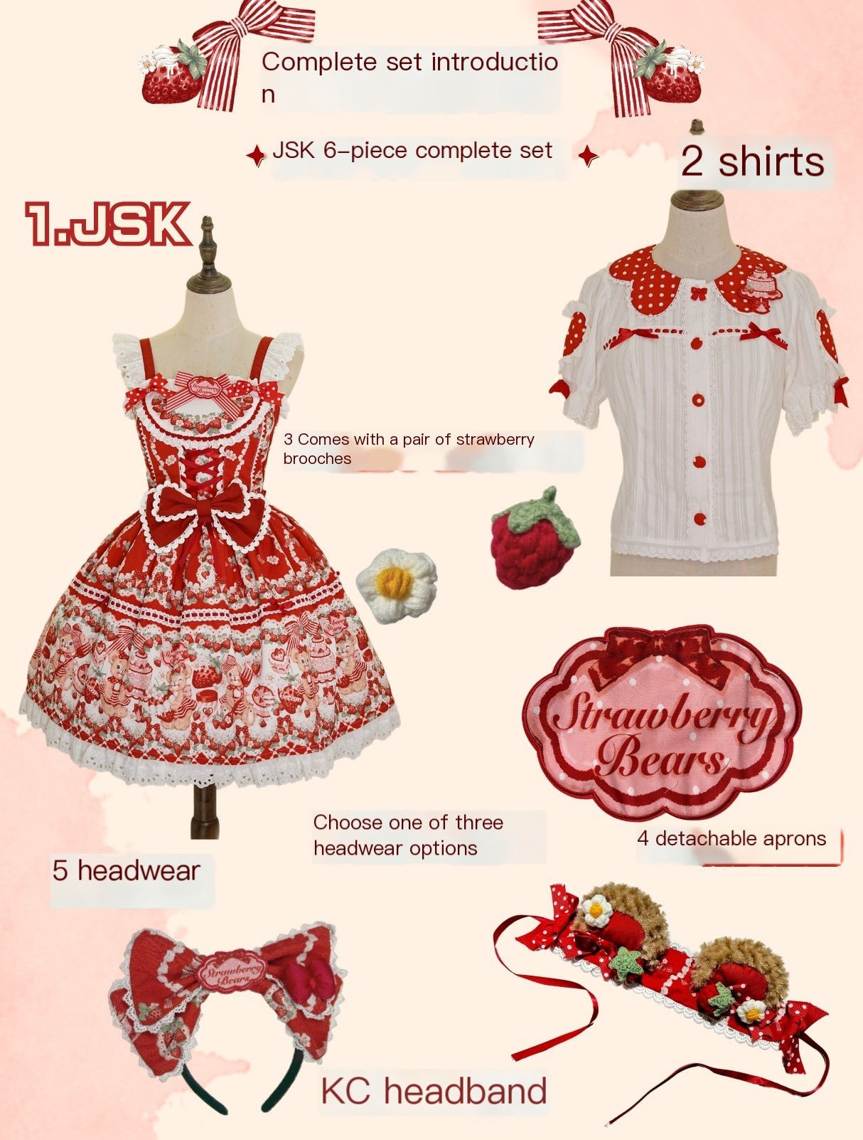 SweetLolita Strawberry Stripe Ribbon Dress 1224 - LolitaEraRed JSK+Hairband+Short - Sleeved InnerSSweetLolita Strawberry Stripe Ribbon Dress 1224