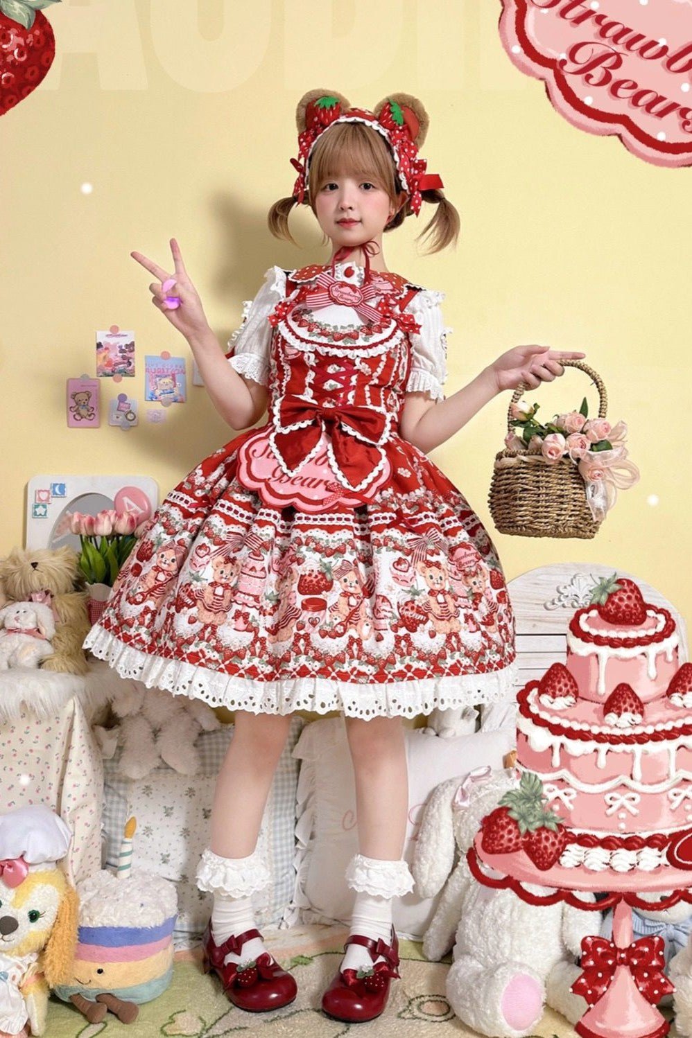 SweetLolita Strawberry Stripe Ribbon Dress 1224 - LolitaEraRed JSK+Hairband+Short - Sleeved InnerSSweetLolita Strawberry Stripe Ribbon Dress 1224