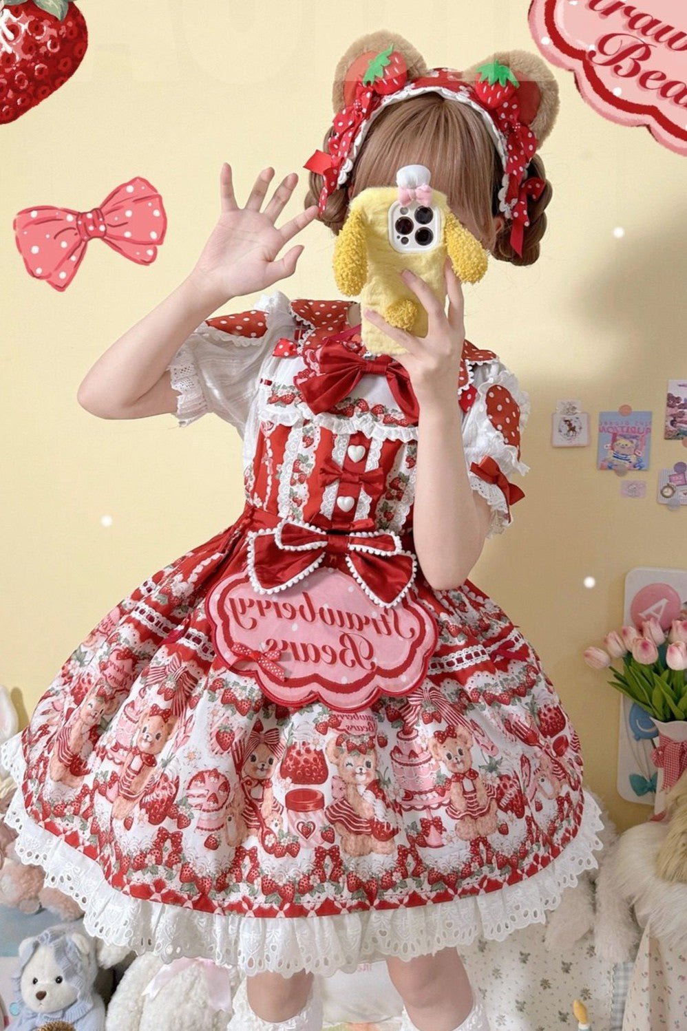 SweetLolita Strawberry Stripe Ribbon Dress 1224 - LolitaEraRed JSK+Hairband+Short - Sleeved InnerSSweetLolita Strawberry Stripe Ribbon Dress 1224