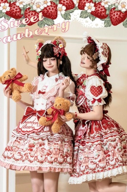 SweetLolita Strawberry Stripe Ribbon Dress 1224 - LolitaEraRed JSK+Hairband+Short - Sleeved InnerSSweetLolita Strawberry Stripe Ribbon Dress 1224