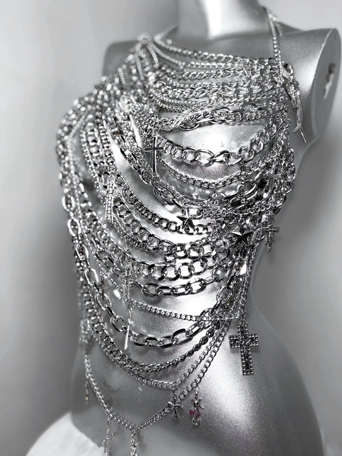 Tears Queen Silver Shiny Gothic Halter Crop Top & Cross Body Chain - LolitaEra